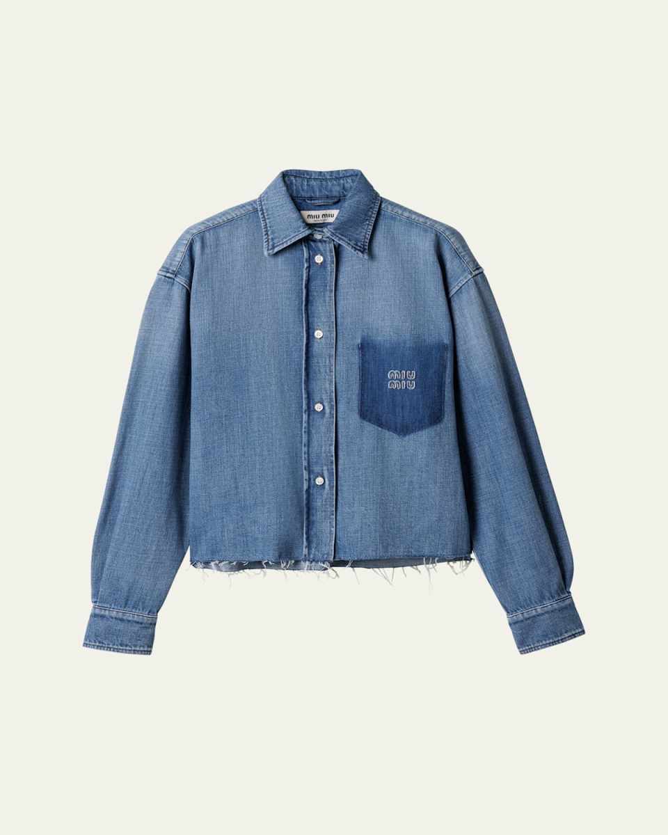 Denim Long-Sleeve Crop Button-Down Shirt